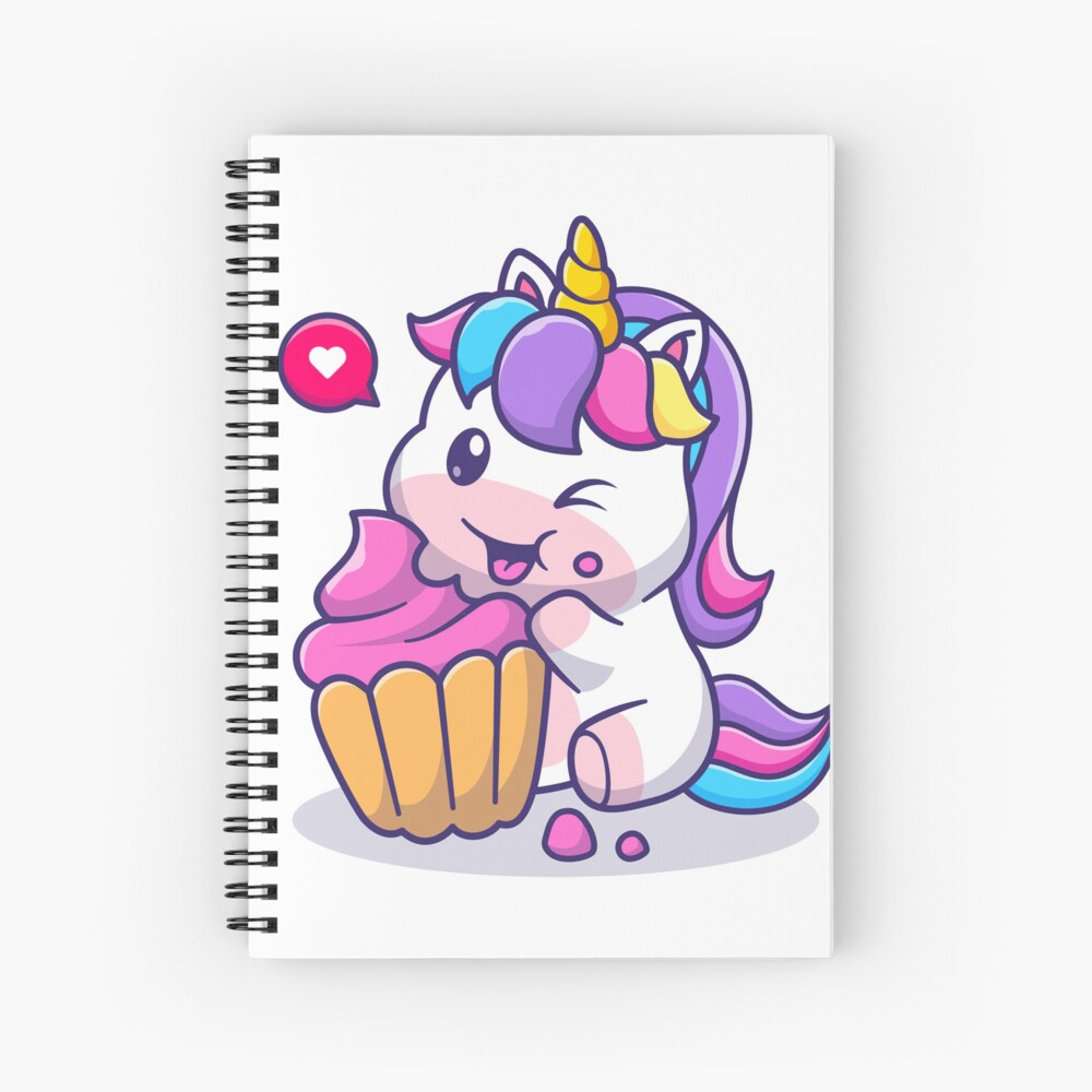 Super Cute Unicorn Eating Cake Spiral Notebook - unicorn fantasy design by HackerLooks