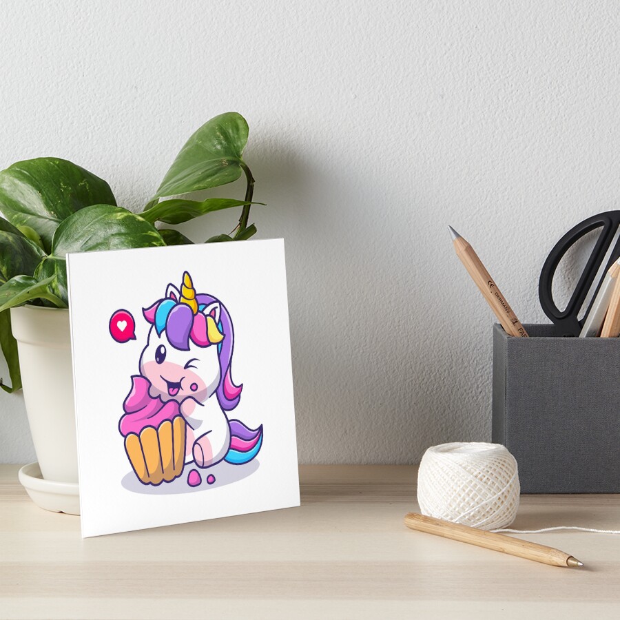 Super Cute Unicorn Eating Cake Art Board Print - unicorn fantasy design by HackerLooks