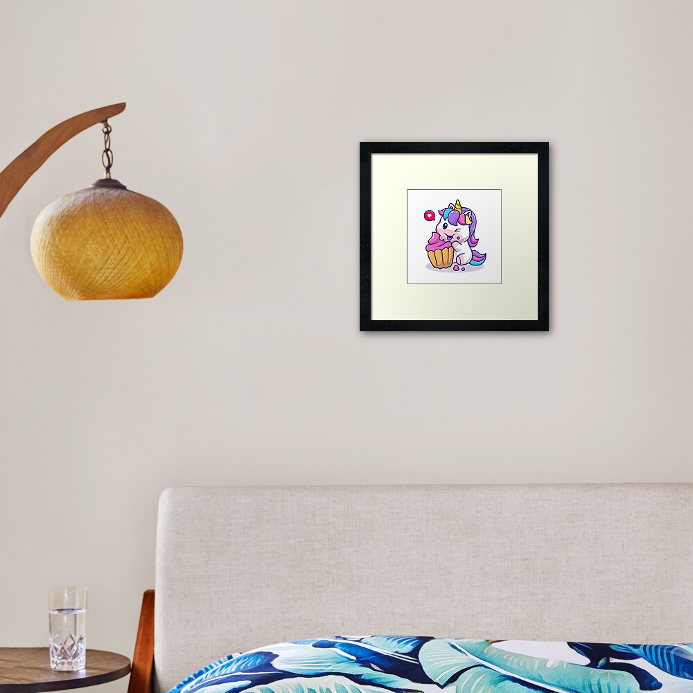 Super Cute Unicorn Eating Cake Framed Art Print - unicorn fantasy design by HackerLooks