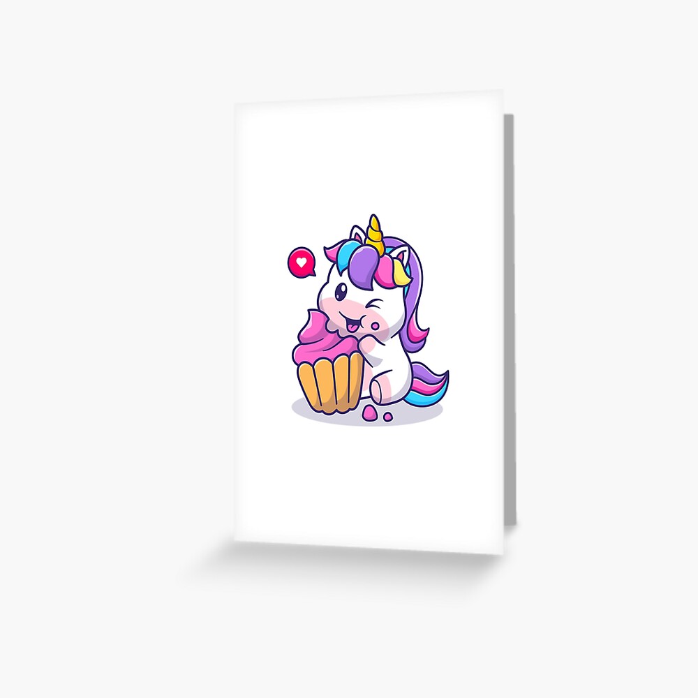 Super Cute Unicorn Eating Cake Greeting Card - unicorn fantasy design by HackerLooks