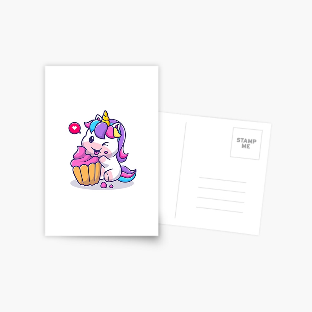 Super Cute Unicorn Eating Cake Postcard - unicorn fantasy design by HackerLooks