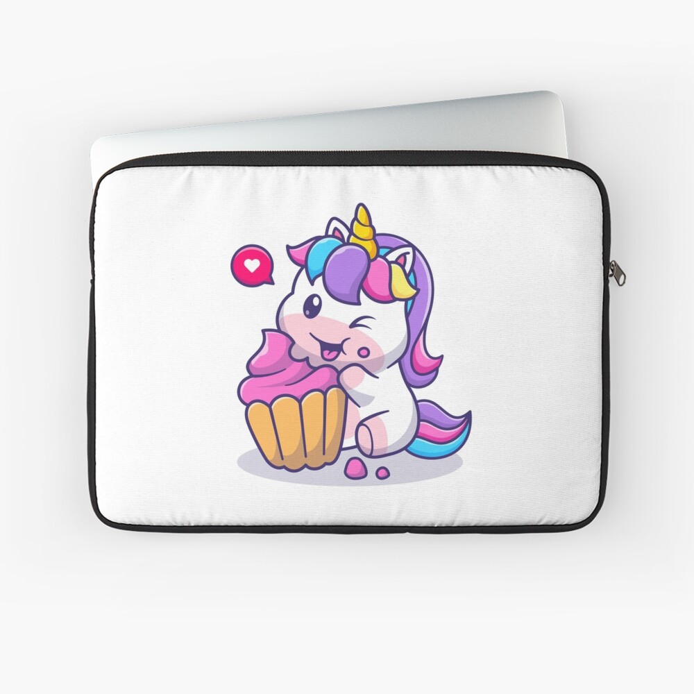 Super Cute Unicorn Eating Cake Laptop Sleeve - unicorn fantasy design by HackerLooks