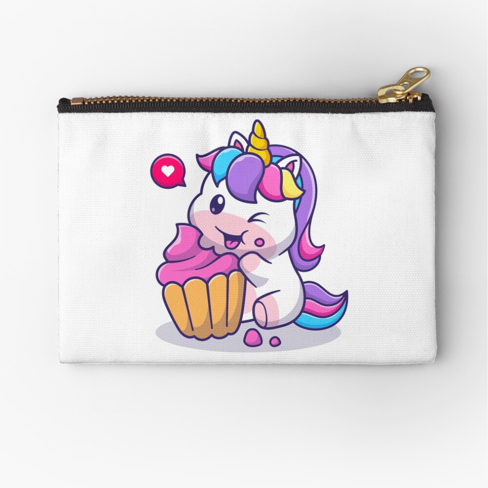 Super Cute Unicorn Eating Cake Zipper Pouch - unicorn fantasy design by HackerLooks