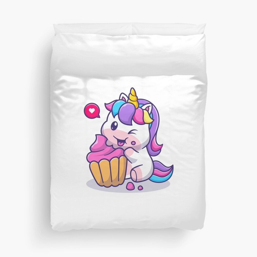 Super Cute Unicorn Eating Cake Duvet Cover - unicorn fantasy design by HackerLooks