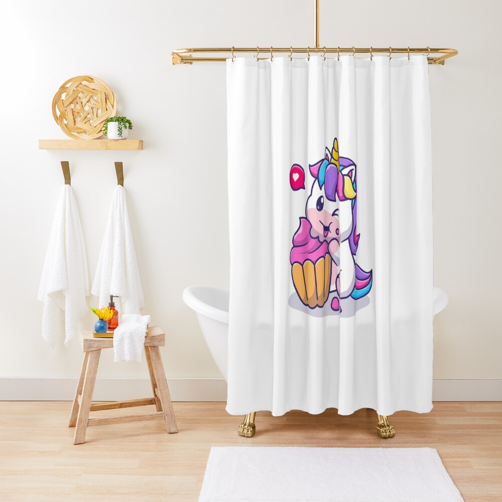 Super Cute Unicorn Eating Cake Shower Curtain - unicorn fantasy design by HackerLooks