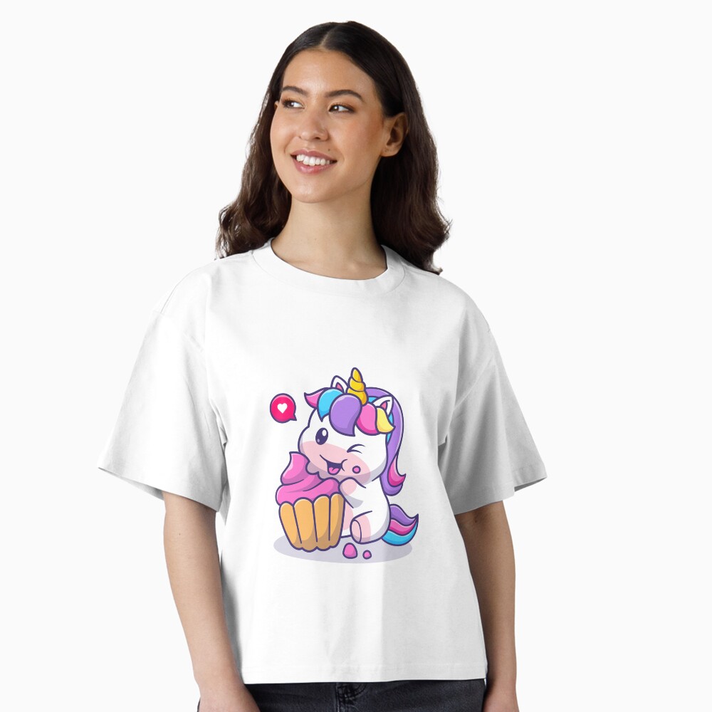 Super Cute Unicorn Eating Cake Boxy T-Shirt - unicorn fantasy design by HackerLooks
