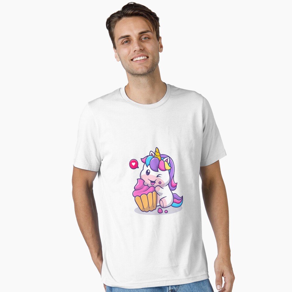Super Cute Unicorn Eating Cake Essential T-Shirt - unicorn fantasy design by HackerLooks