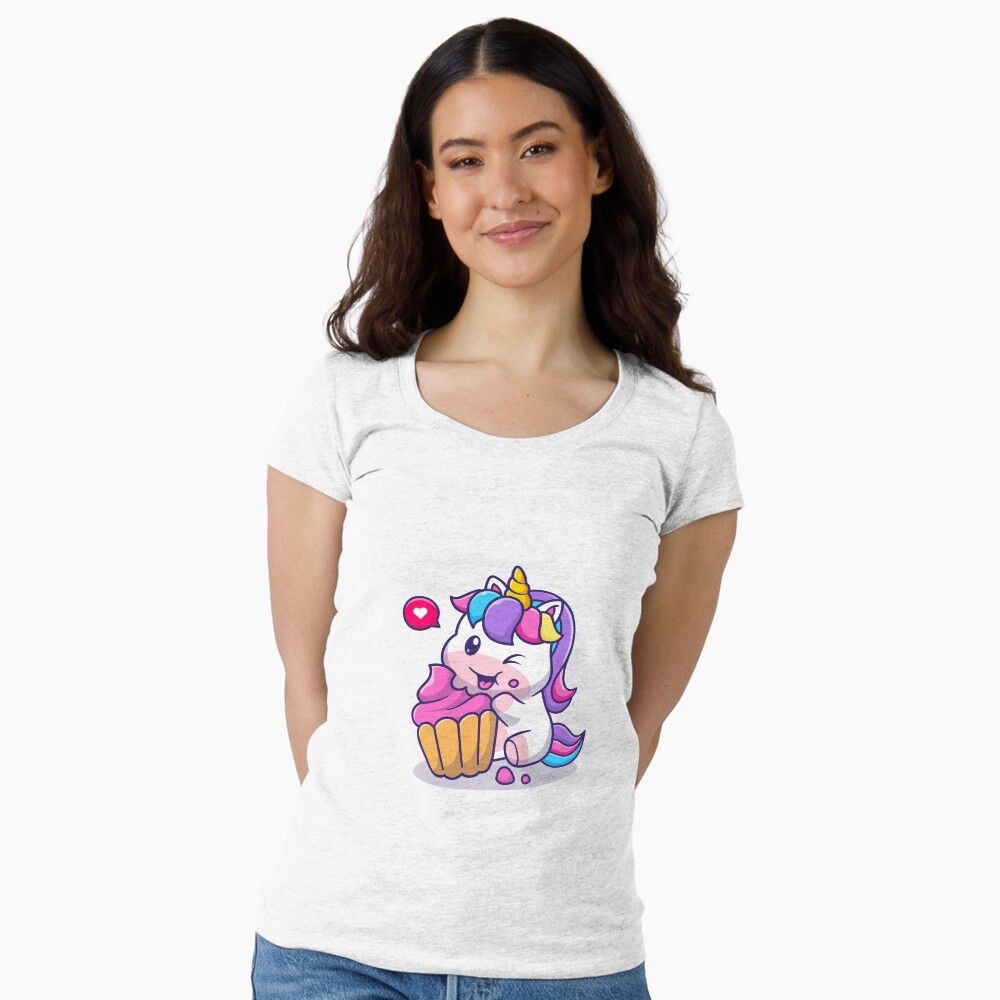 Super Cute Unicorn Eating Cake Fitted Scoop T-Shirt - unicorn fantasy design by HackerLooks
