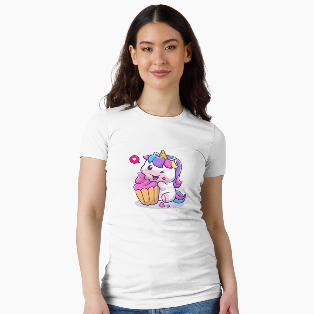 Super Cute Unicorn Eating Cake Fitted T-Shirt - unicorn fantasy design by HackerLooks