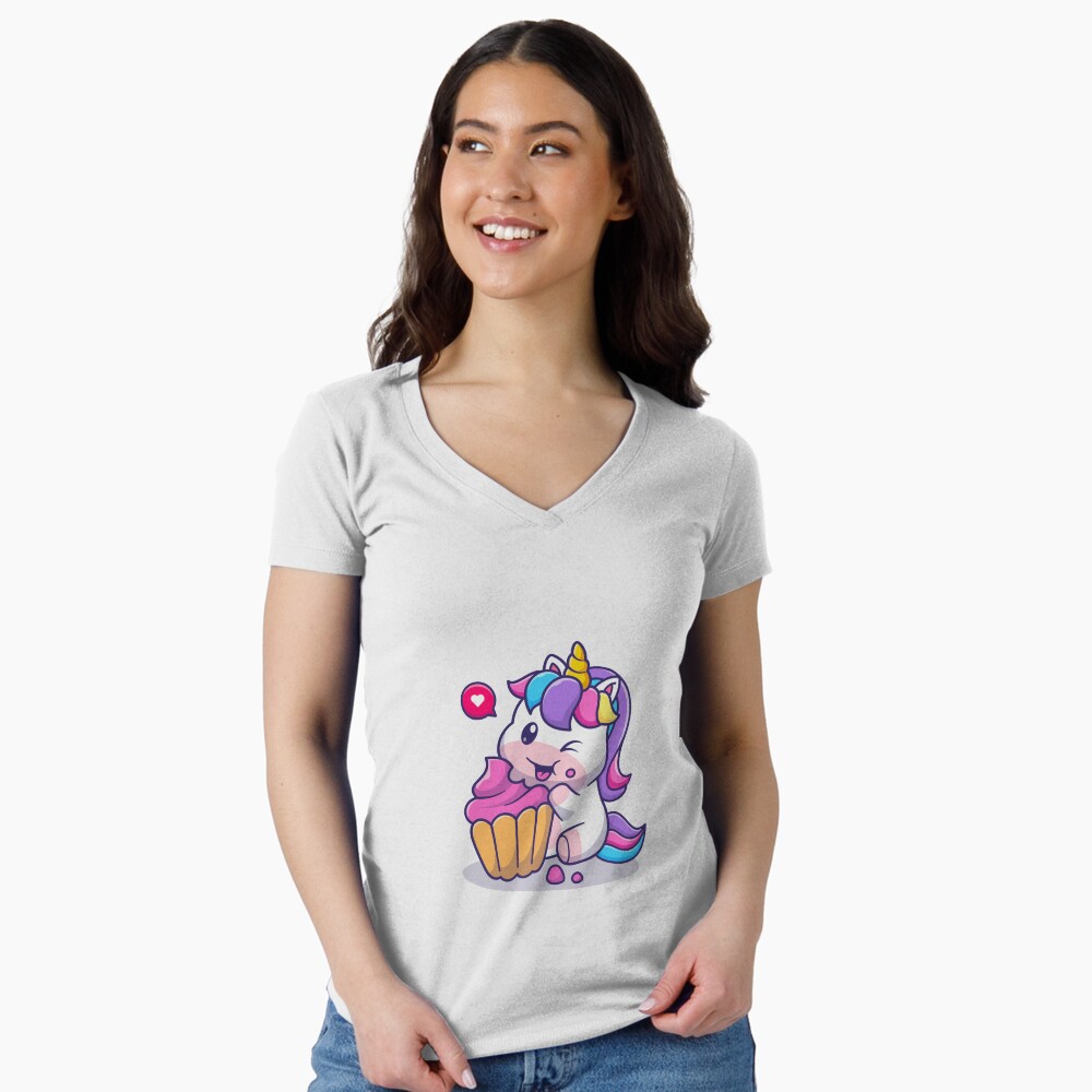 Super Cute Unicorn Eating Cake Fitted V-Neck T-Shirt - unicorn fantasy design by HackerLooks