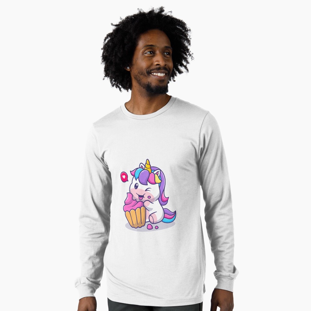 Super Cute Unicorn Eating Cake Long Sleeve T-Shirt - unicorn fantasy design by HackerLooks