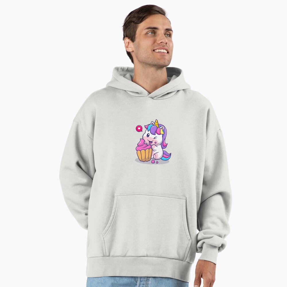 Super Cute Unicorn Eating Cake Premium Oversized Hoodie - unicorn fantasy design by HackerLooks