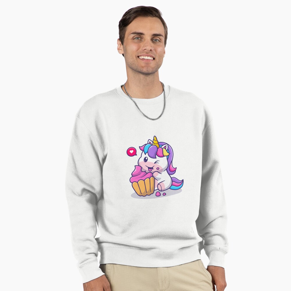 Super Cute Unicorn Eating Cake Pullover Sweatshirt - unicorn fantasy design by HackerLooks