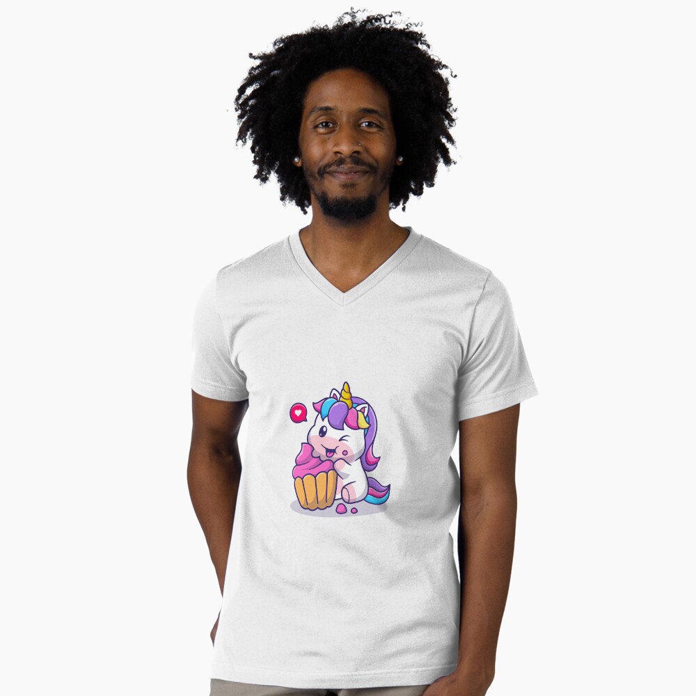 Super Cute Unicorn Eating Cake V-Neck T-Shirt - unicorn fantasy design by HackerLooks