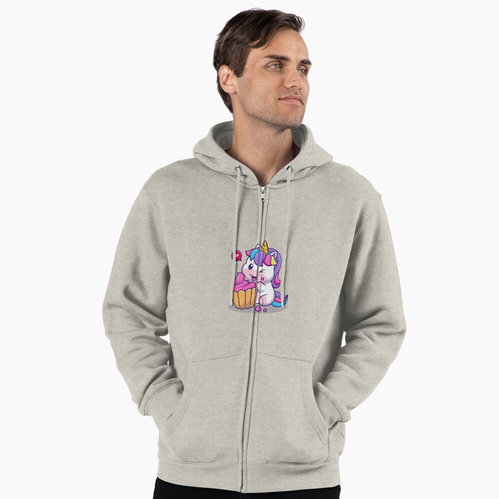 Super Cute Unicorn Eating Cake Zipped Hoodie - unicorn fantasy design by HackerLooks