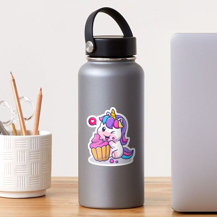 Super Cute Unicorn Eating Cake Sticker - unicorn fantasy design by HackerLooks