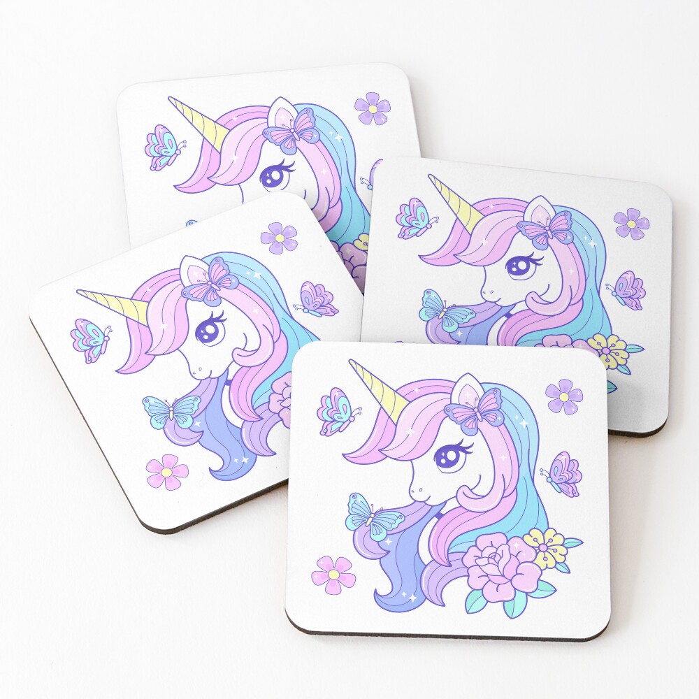 Beautiful Unicorn Butterfly & Flowers Coasters (Set of 4) - unicorn fantasy design by HackerLooks