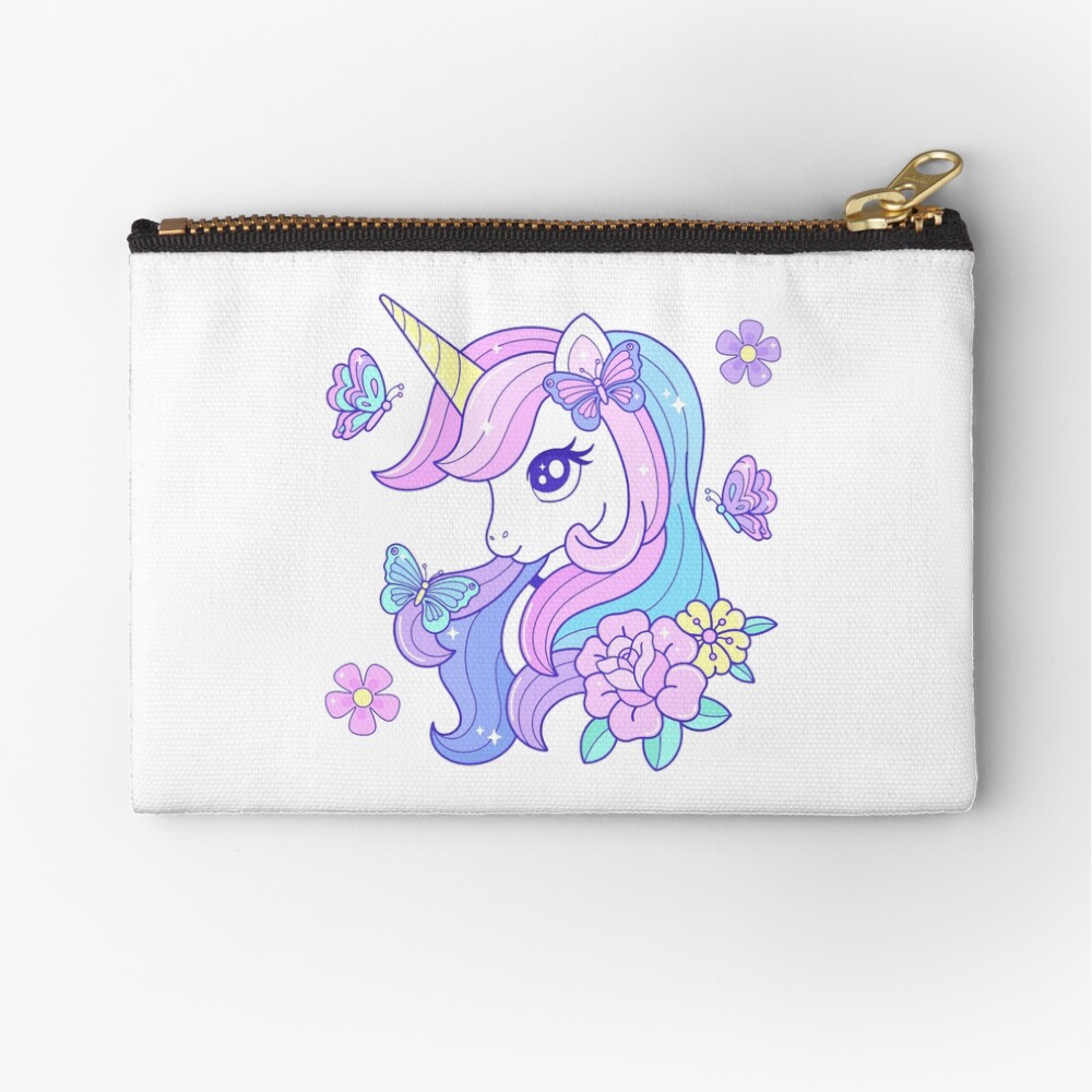 Beautiful Unicorn Butterfly & Flowers Zipper Pouch - unicorn fantasy design by HackerLooks