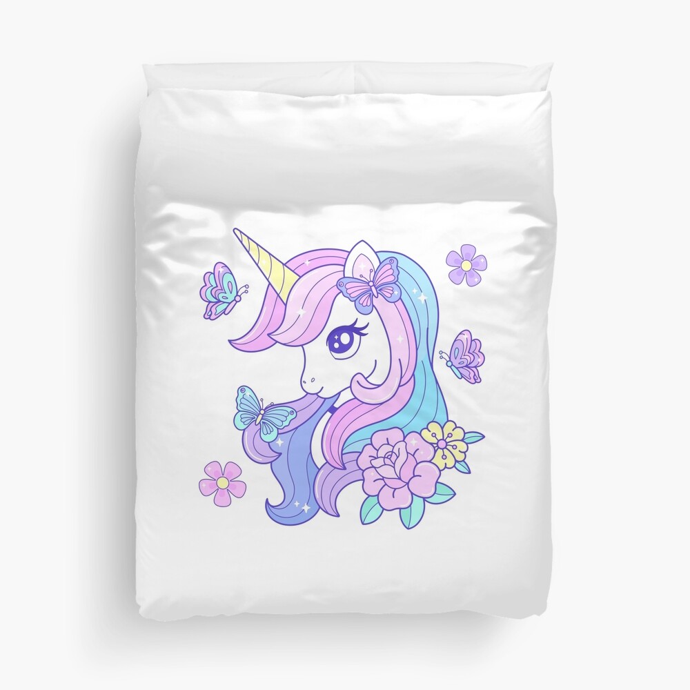 Beautiful Unicorn Butterfly & Flowers Duvet Cover - unicorn fantasy design by HackerLooks