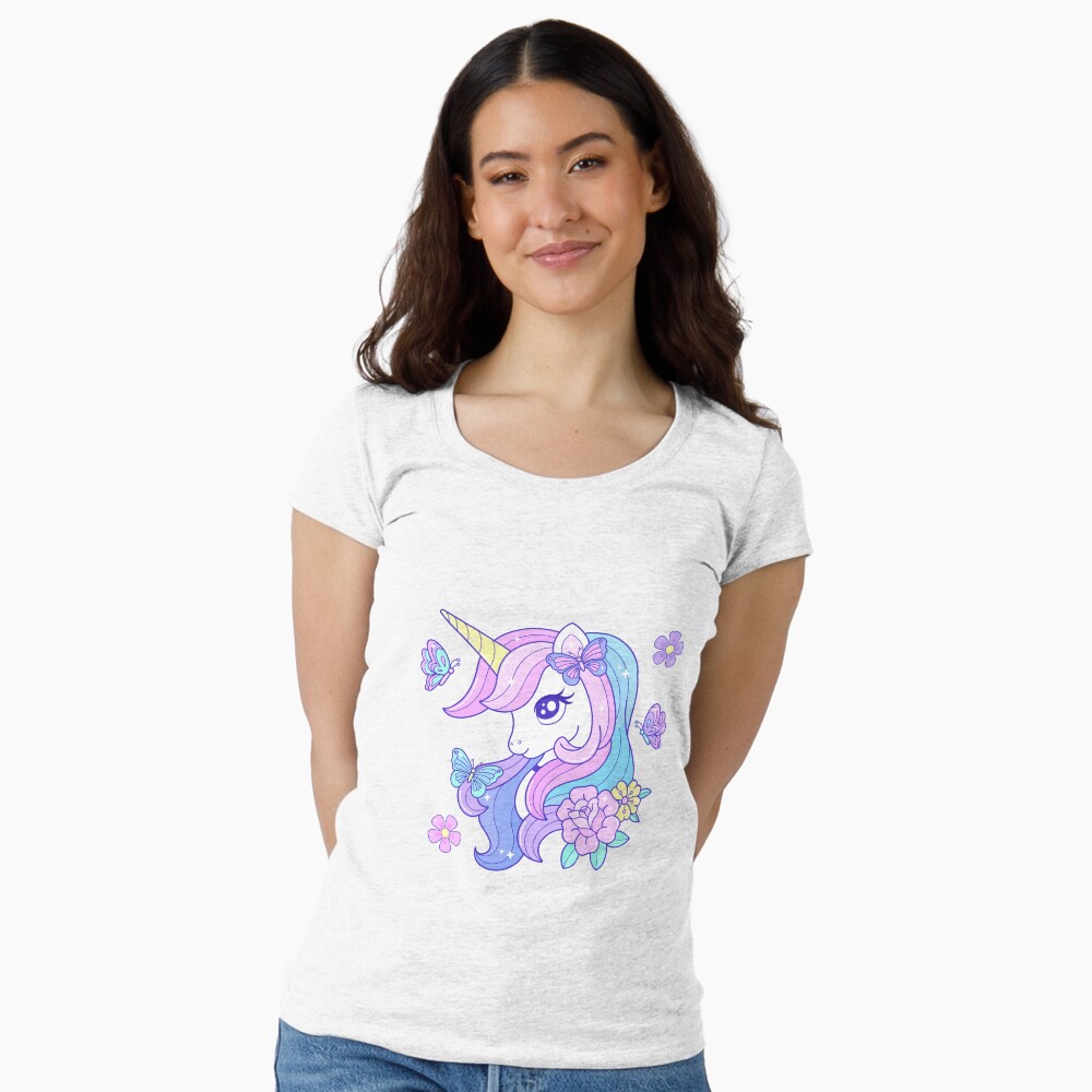 Beautiful Unicorn Butterfly & Flowers Fitted Scoop T-Shirt - unicorn fantasy design by HackerLooks