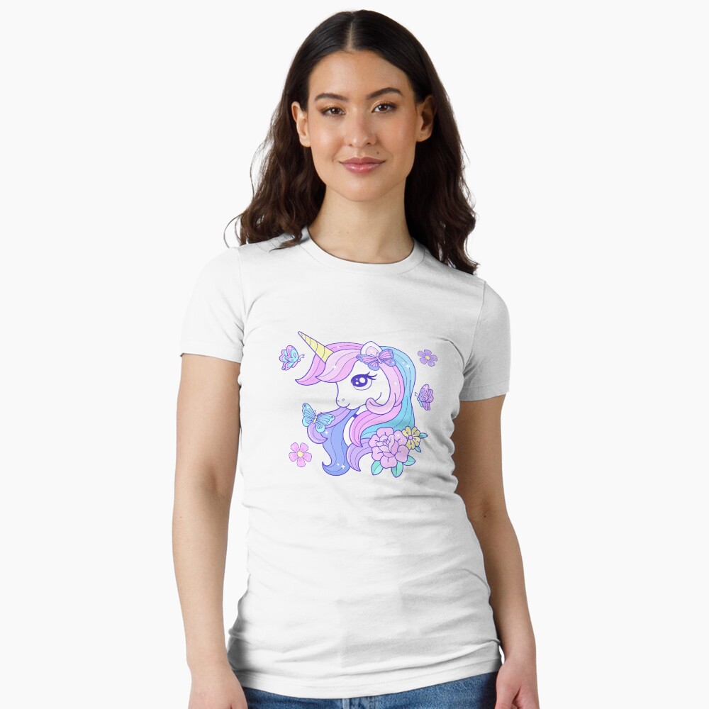 Beautiful Unicorn Butterfly & Flowers Fitted T-Shirt - unicorn fantasy design by HackerLooks