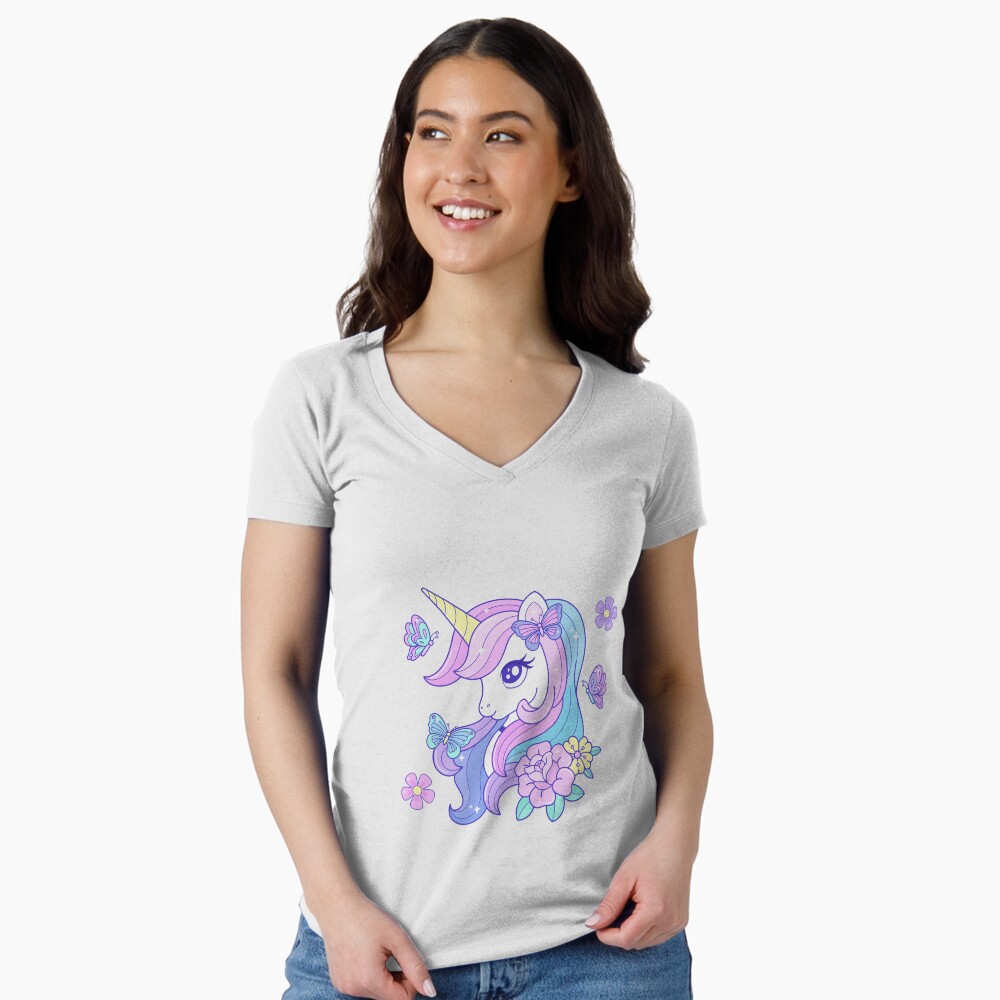 Beautiful Unicorn Butterfly & Flowers Fitted V-Neck T-Shirt - unicorn fantasy design by HackerLooks