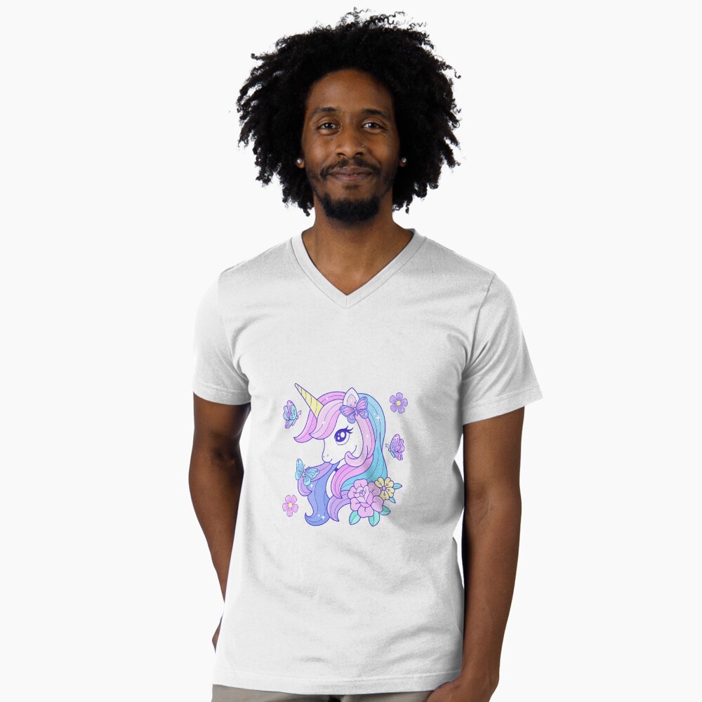 Beautiful Unicorn Butterfly & Flowers V-Neck T-Shirt - unicorn fantasy design by HackerLooks