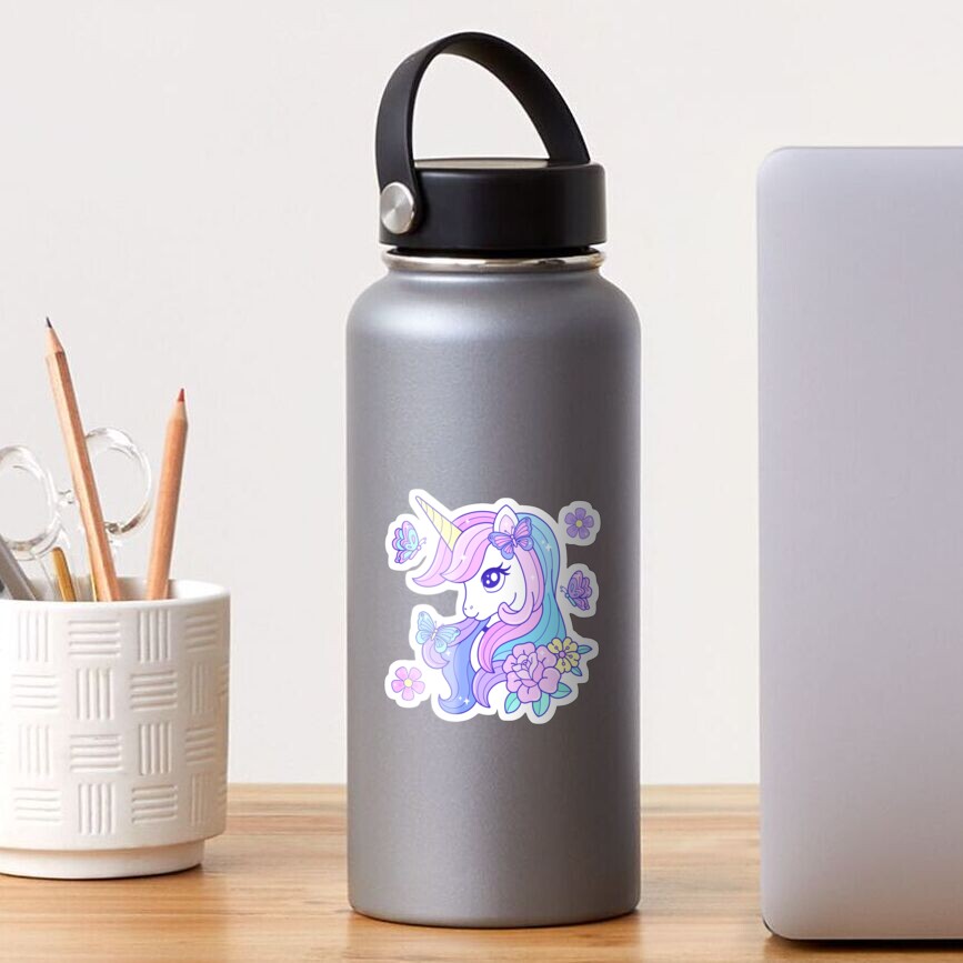 Beautiful Unicorn Butterfly & Flowers Glossy Sticker - unicorn fantasy design by HackerLooks