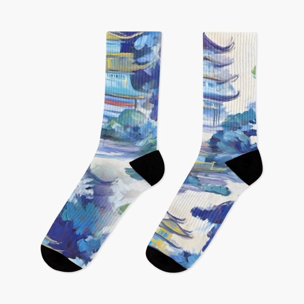 Item preview, Chinoiserie art, blue pagoda landscape designed and sold by SophieClimaArt.
