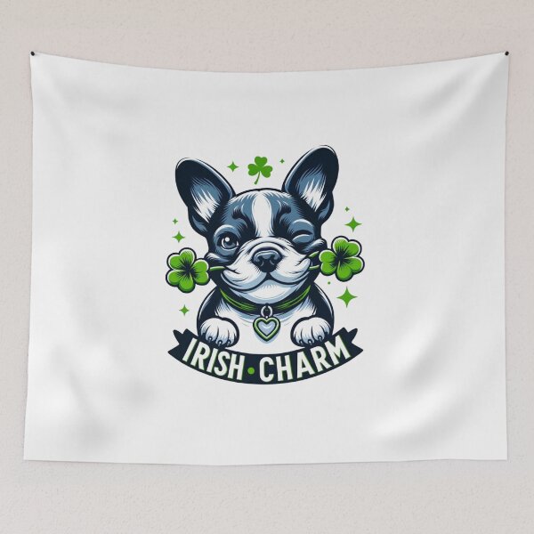 Item preview, E Irish Frenchie Charm: Playful Dog with Clover designed and sold by creativechaster.