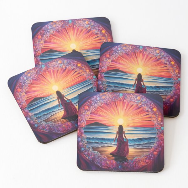 Item preview, A woman on a beach at sunrise within a jeweled circle. designed and sold by ArtbyJanineTate.