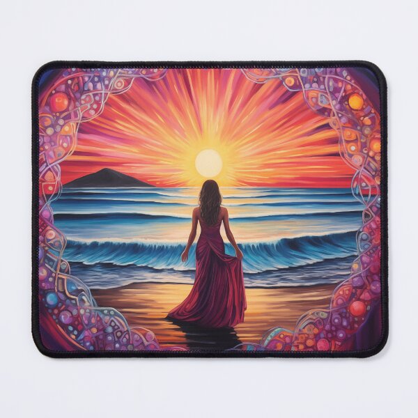 Item preview, A woman on a beach at sunrise within a jeweled circle. designed and sold by ArtbyJanineTate.