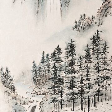 Artwork thumbnail, Peaceful Winter Landscape - Traditional Chinese Ink Painting by mingjan