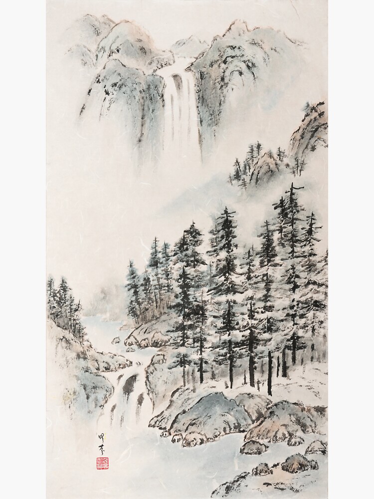 Thumbnail 3 of 3, Sticker, Peaceful Winter Landscape - Traditional Chinese Ink Painting designed and sold by mingjan.