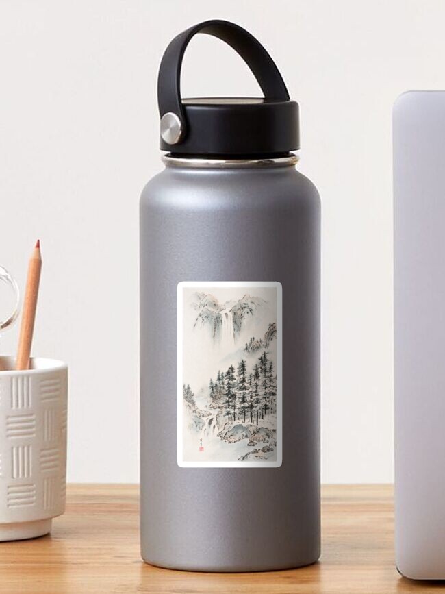 Thumbnail 1 of 3, Sticker, Peaceful Winter Landscape - Traditional Chinese Ink Painting designed and sold by mingjan.