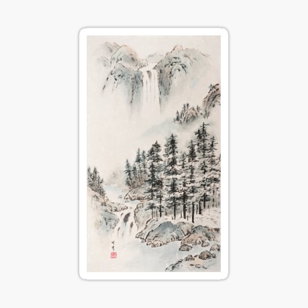 Peaceful Winter Landscape - Traditional Chinese Ink Painting Sticker