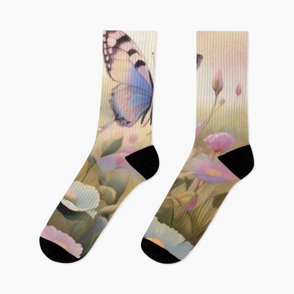 Item preview, pastel colors, butterfly flying around flowers designed and sold by mikaws.