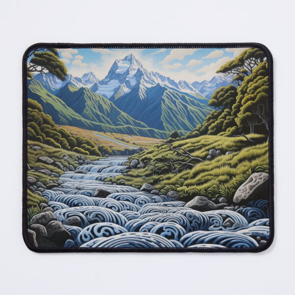 Item preview, New Zealand mountains, hills and river with spiral design. designed and sold by ArtbyJanineTate.