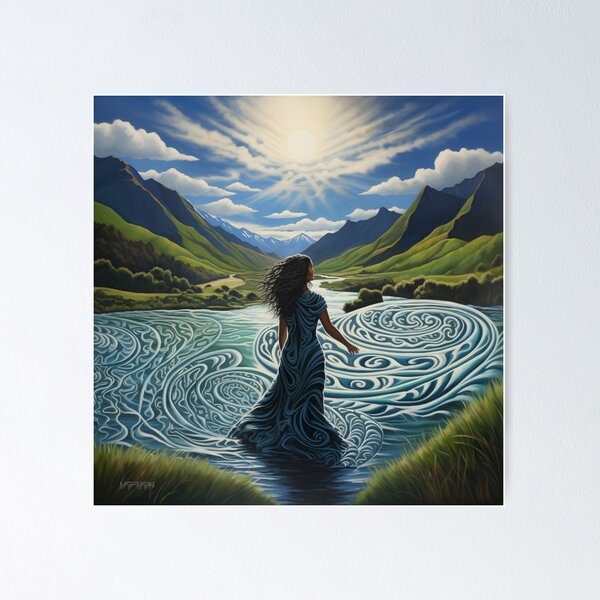 Item preview, New Zealand landscape with woman in swirling waters. designed and sold by ArtbyJanineTate.