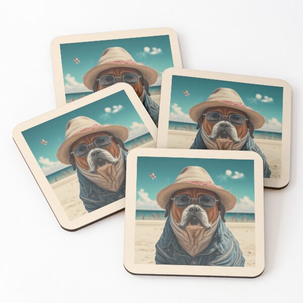 Item preview, A Dog In A Hat Glasses And A Denim Shirt Sitting On The Beach designed and sold by M R Design.
