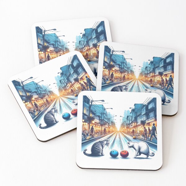 Item preview, A brightly lit bustling street with streetlights. Two cats are playing bowling on the road.]  designed and sold by PaintMeWorld.