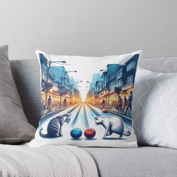 Item preview, A brightly lit bustling street with streetlights. Two cats are playing bowling on the road.]  designed and sold by PaintMeWorld.