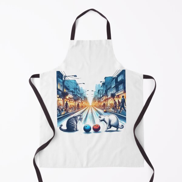 Item preview, A brightly lit bustling street with streetlights. Two cats are playing bowling on the road.]  designed and sold by PaintMeWorld.