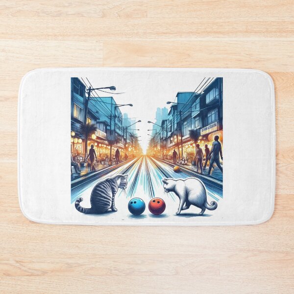 Item preview, A brightly lit bustling street with streetlights. Two cats are playing bowling on the road.]  designed and sold by PaintMeWorld.