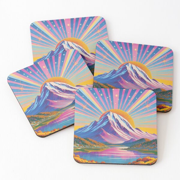 Item preview, Pink Mountain with Sun's Rays and Lake - Vivid Colors - Mod Style 60's 70's Retro designed and sold by Loving Nature Gifts.