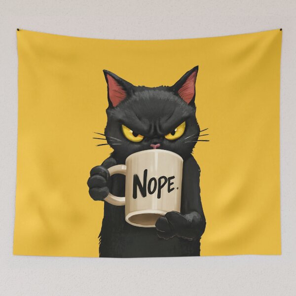 Item preview, Angry Black Cat with Coffee Mug designed and sold by RemonMichel.