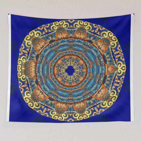 Item preview, Meditation Mandala Print in Deep Vibrant Blue and Gold designed and sold by carlitapeartree.
