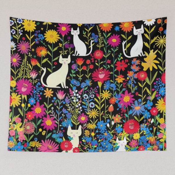 Item preview, Wildflower meadow with white cat pattern designed and sold by FlowersColorful.