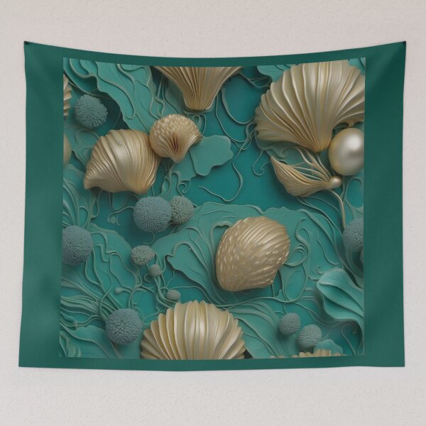 Item preview, Aquatic plants and shells in turquoise - 3D relief pattern #31 designed and sold by GoldenEraArt.