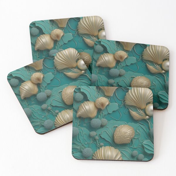 Item preview, Aquatic plants and shells in turquoise - 3D relief pattern #31 designed and sold by GoldenEraArt.